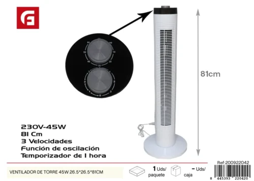 Ventilador de torre 45w 26.5x26.5x81cm